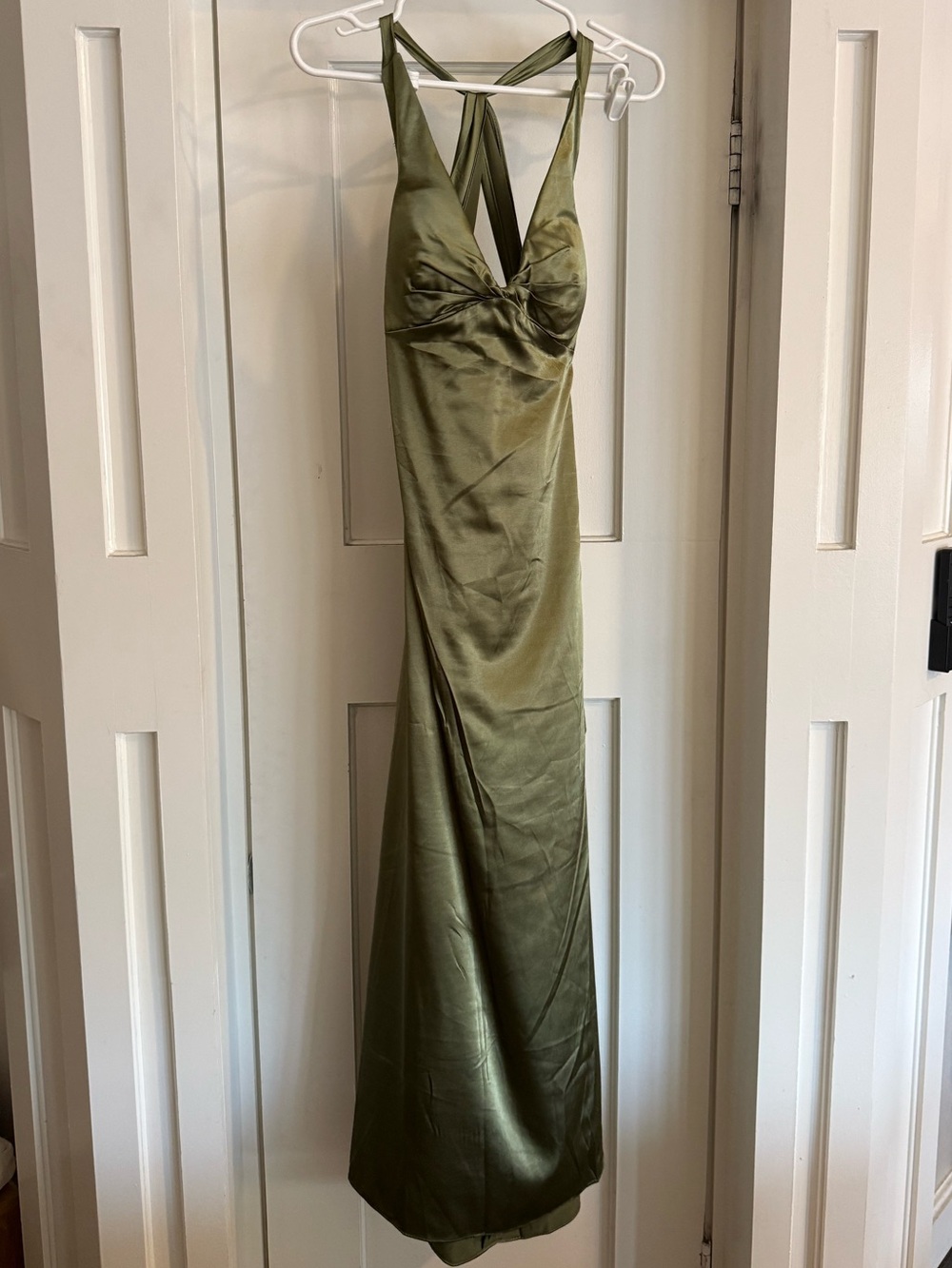 Unworn Amazon Bridesmaid Olive Green Satin Halter Evening Dress